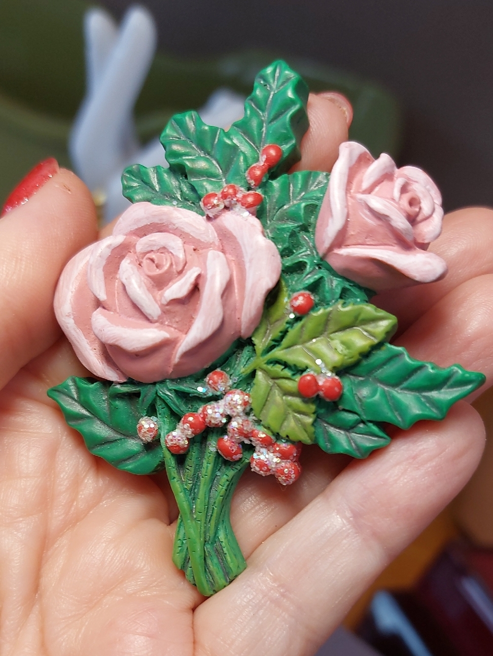 Large Flower Brooch Pin Resin Pink Roses Bouquet